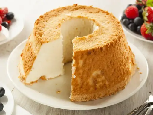Torta soffice e leggera, un dolce con albumi veloce da preparare, servita con frutti di bosco freschi.