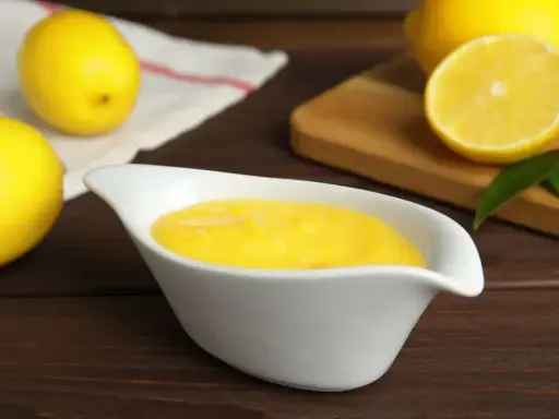 Una ciotola bianca contiene una vellutata crema al limone, con limoni freschi sullo sfondo.