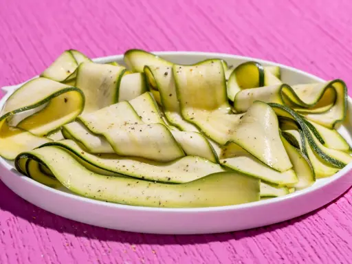 Fettine sottili di zucchine marinate crude, condite con pepe nero, disposte a spirale in un piatto bianco su un tavolo rosa acceso.
