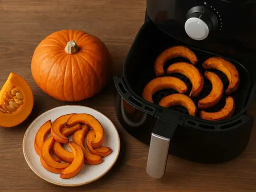 Fette di zucca dorate e cotte nella friggitrice ad aria, pronte per essere gustate.