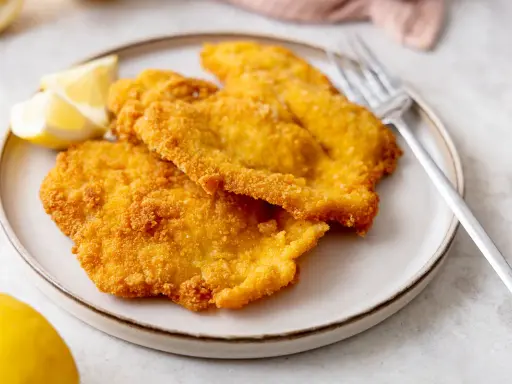 Due cotolette di pollo dorate e croccanti, servite su un piatto con spicchi di limone e una forchetta.