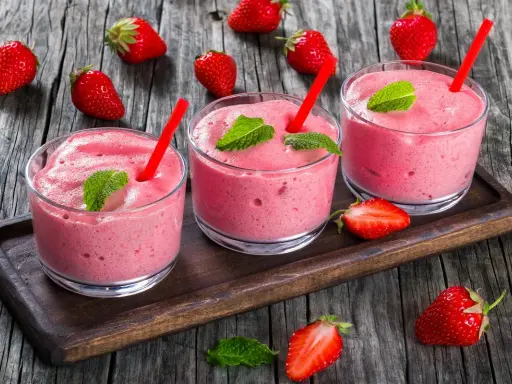 Tre bicchieri di spumone alle fragole bimby, guarniti con menta e fragole fresche, su un vassoio di legno.