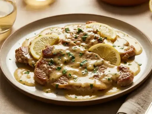 Scaloppine al limone succulente, guarnite con fette di limone fresco e prezzemolo tritato, servite su un piatto elegante.