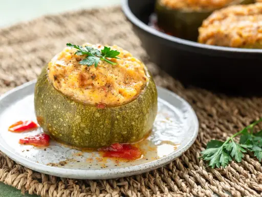 Zucchine ripiene in padella, un piatto gustoso e colorato, guarnito con prezzemolo fresco e servito su un piatto rustico.