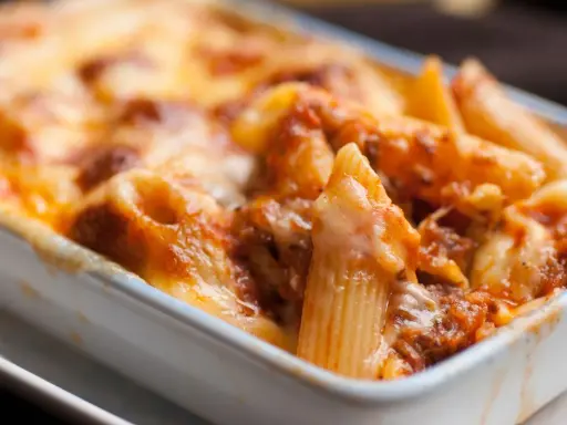 Un invitante piatto di pasta pasticciata al forno, con penne ricoperte da un ricco sugo e formaggio filante, pronto per essere gustato.