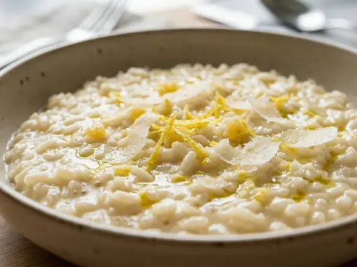 Un cremoso risotto al limone, guarnito con scorza di limone e scaglie di parmigiano, servito in una ciotola rustica.