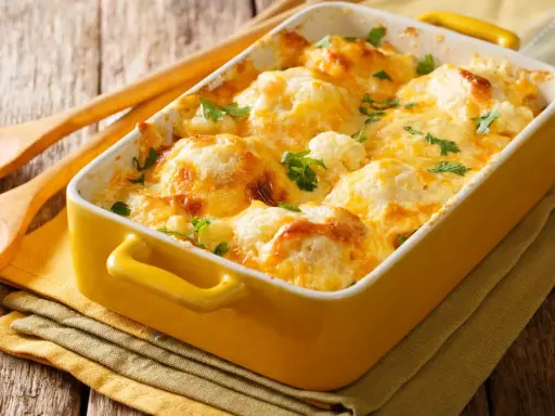 Cavolfiore al forno con pangrattato e formaggio filante, guarnito con prezzemolo fresco. Un piatto invitante e saporito.