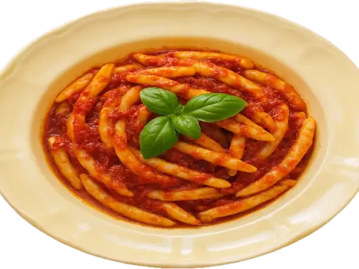 Pasta with tomato sauce and basil in a yellow bowl.