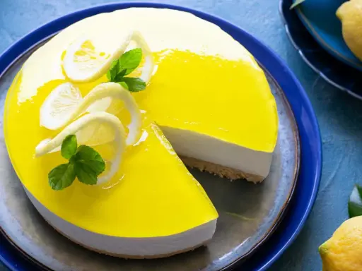 Delizioso cheesecake al limone con glassa gialla brillante, decorato con fette di limone e menta. Una fetta è stata tolta, rivelando la base croccante.