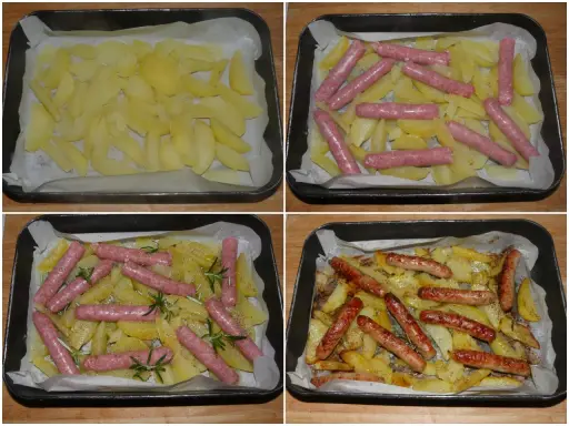 Salsiccia e patate al forno: patate tagliate e disposte in teglia, poi ricoperte da salsicce, rosmarino e spezie, infine cotte fino a doratura.