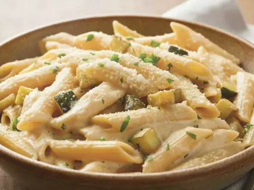 Penne cremose con zucchine e parmigiano, un piatto semplice e gustoso.