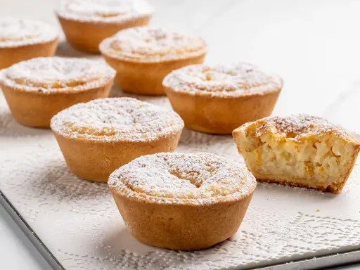 Deliziosi budini di riso in crostatina, spolverati di zucchero a velo. Uno è stato morso, rivelando il ripieno cremoso.