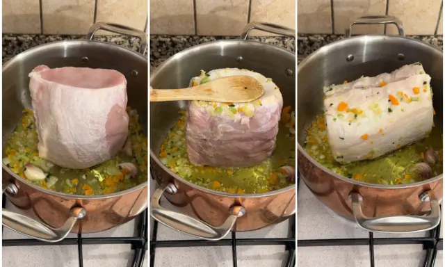 Triptych of pork loin being seared in a copper pot with vegetables and garlic.