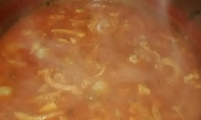 Un fumante piatto di trippa alla pisana, con pezzi di trippa e patate in un ricco sugo di pomodoro.