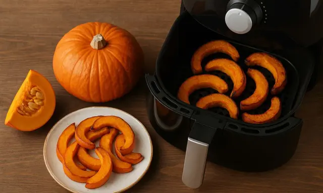 Fette di zucca dorate e cotte nella friggitrice ad aria, pronte per essere gustate.
