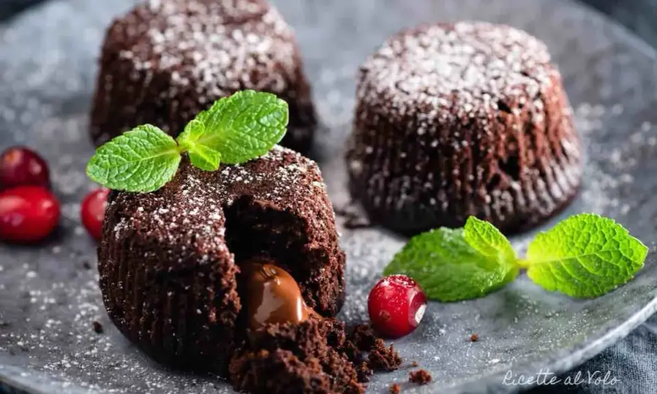 Tre tortini al cioccolato con cuore fondente, guarniti con menta e frutti rossi, spolverati di zucchero a velo.