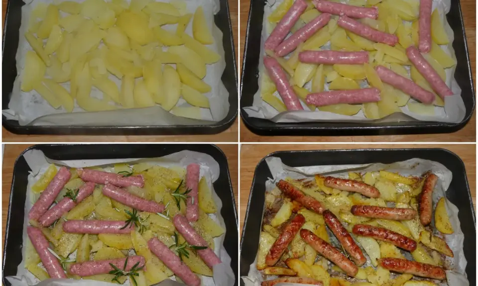 Salsiccia e patate al forno: patate tagliate e disposte in teglia, poi ricoperte da salsicce, rosmarino e spezie, infine cotte fino a doratura.