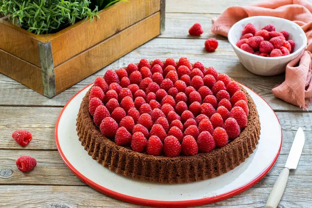 Crostata morbida al cioccolato ricoperta di lamponi freschi, pronta per essere gustata.