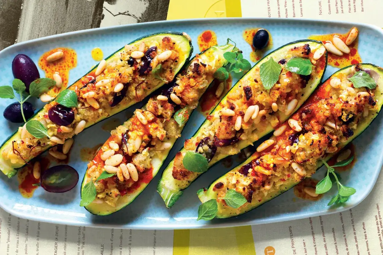 Zucchine ripiene vegetariane, dorate e profumate, guarnite con pinoli, olive e erbe fresche.