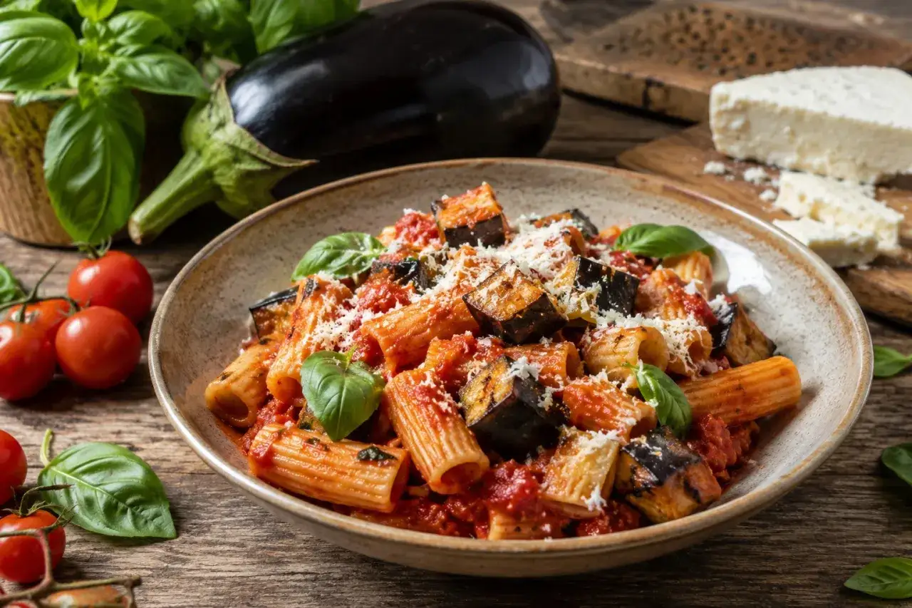 Piatto di pasta alla norma con melanzane fritte, pomodoro e basilico fresco, guarnito con ricotta salata grattugiata.
