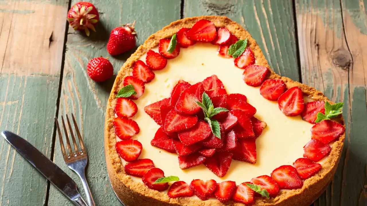 Una deliziosa torta a forma di cuore, perfetta per la festa della mamma, decorata con fragole fresche e menta.