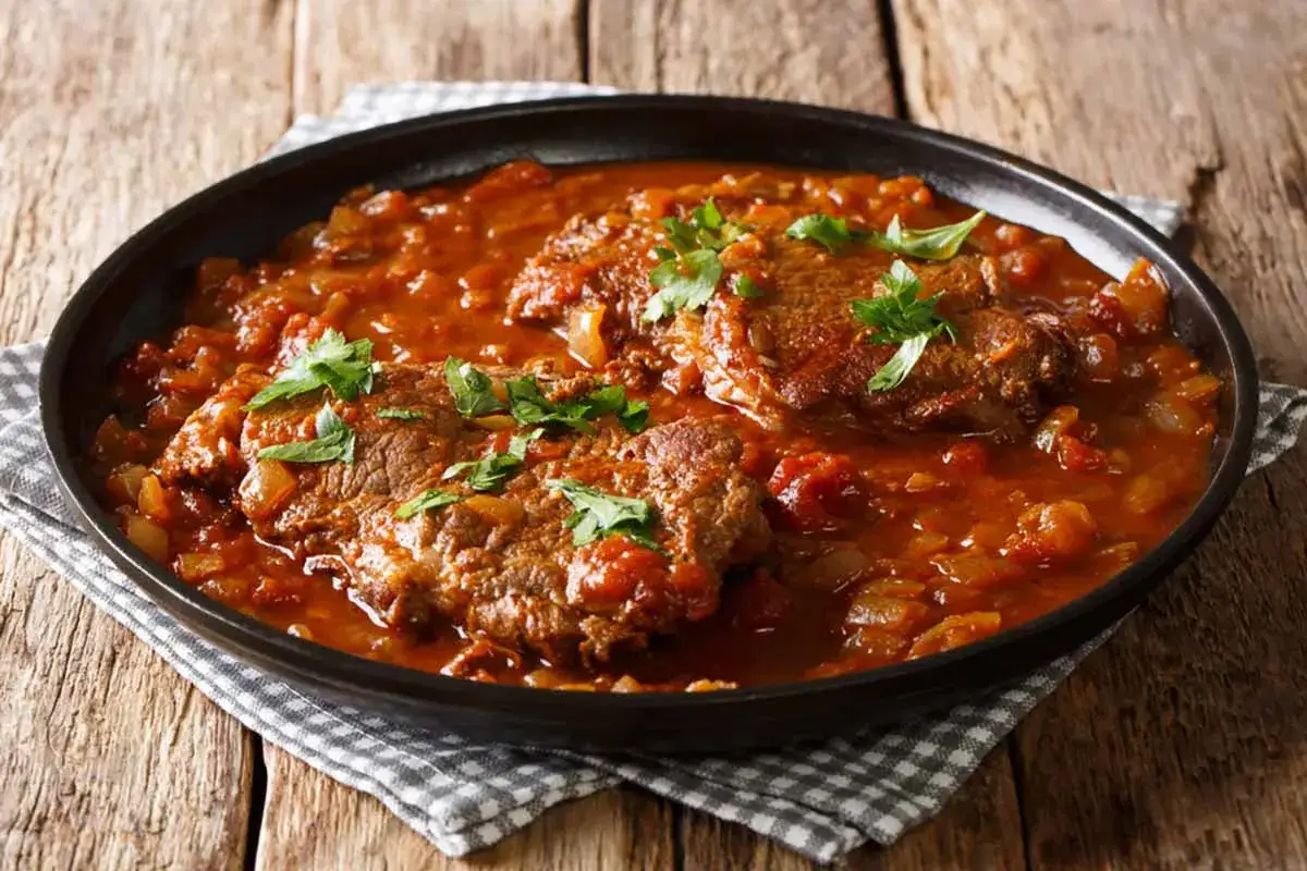 Carne alla pizzaiola succulenta in salsa di pomodoro e cipolle, guarnita con prezzemolo fresco. Un classico saporito.