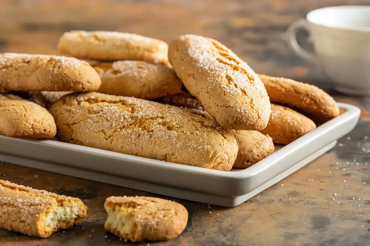 Biscotti senza burro dorati e croccanti, cosparsi di zucchero, invitano a una pausa golosa.