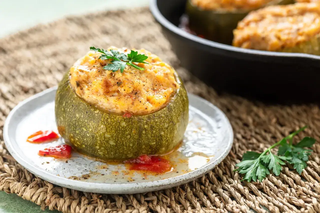 Zucchine ripiene in padella, un piatto gustoso e colorato, guarnito con prezzemolo fresco e servito su un piatto rustico.