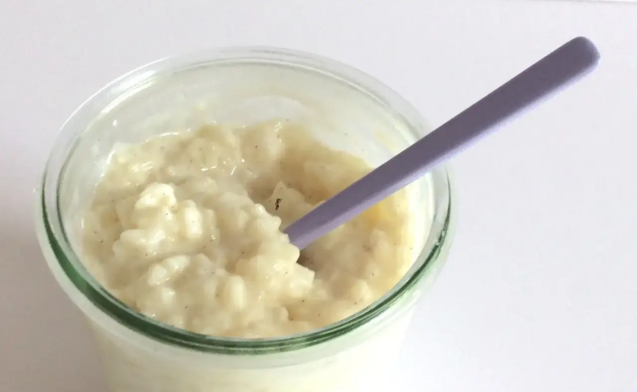 Un vasetto di cremoso budino di riso, con piccoli puntini di vaniglia, pronto per essere gustato con un cucchiaino viola.