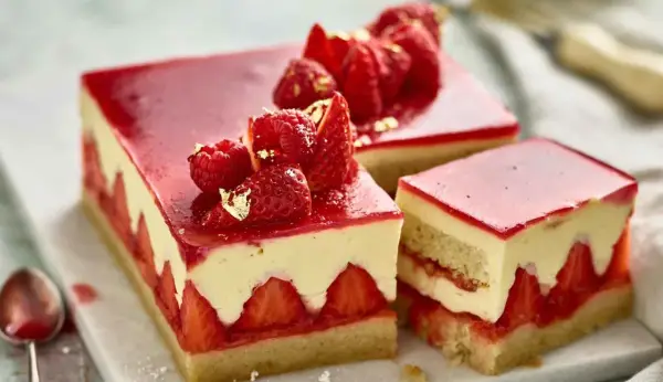 Una fetta di torta alle fragole, con strati di pan di spagna, crema e fragole fresche, guarnita con frutti rossi e foglia d'oro.